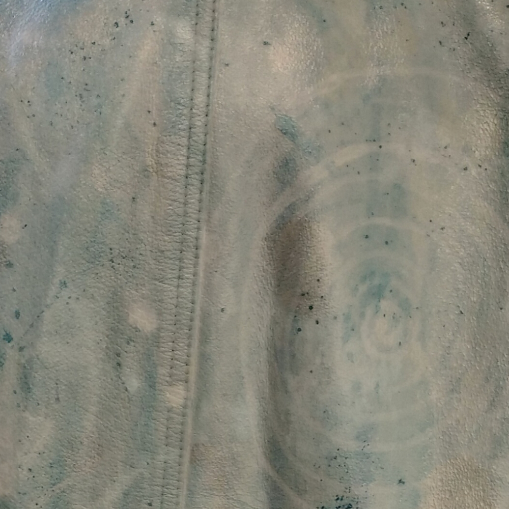 Vintage 80s BRAEFAIR Leather trench coat, Artsy Icy Blue wearable art, S 8 - Picture 12 of 14